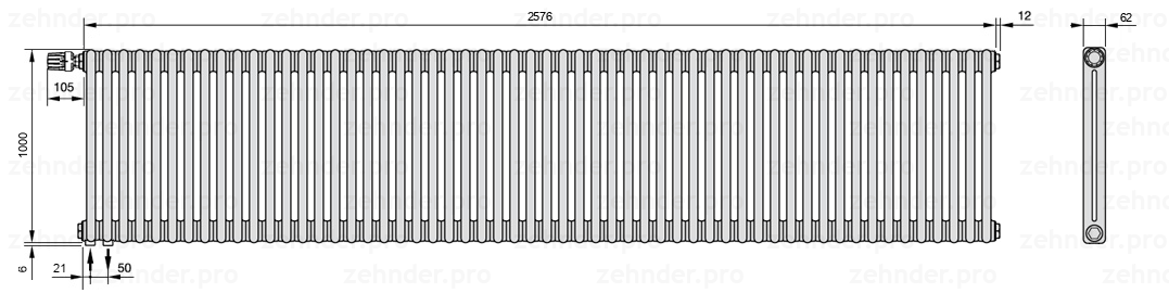 Схема (чертеж) Радиатор Zehnder Charleston 2100/56 №V001 Белый глянцевый RAL 9016